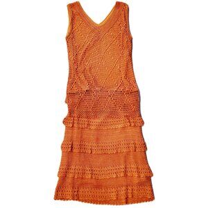 Vintage Orange Crochet Top & Skirt Outfit Sleeveless V Neck Flapper Style Dress